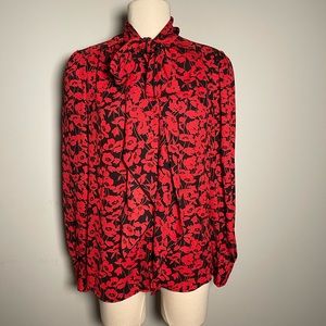 Who What Wear Red Floral Tie-Neck Blouse • Long Sleeve • Size M